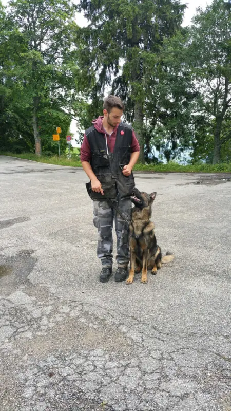 Ein Mann in einer Weste und Helm mit einem Hund. – Jugend und Hund Lager 2017 in Balmberg