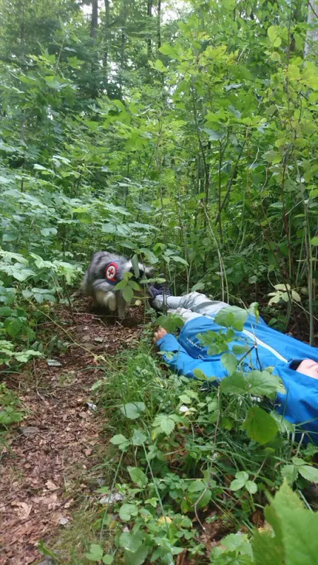 Ein Mann, der im Wald auf dem Boden liegt. – Jugend und Hund Lager 2017 in Balmberg