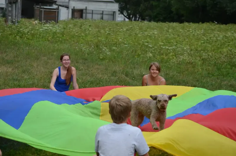 Eine Gruppe von Menschen, die mit einem Hund spielen. – Jugend und Hund Lager 2013 in Chur