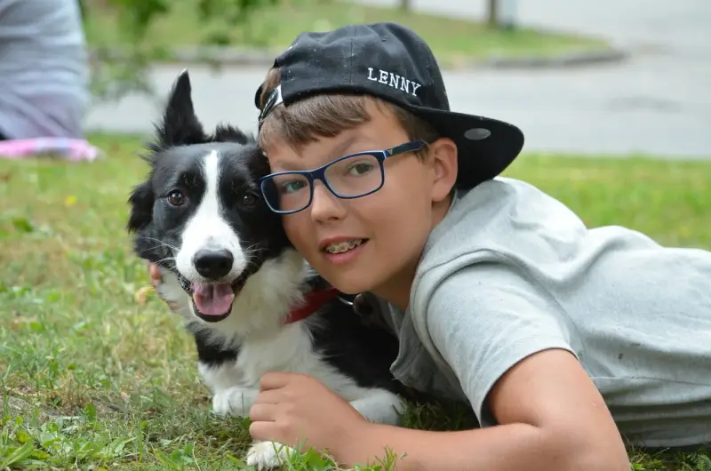 Ein junger Junge, der mit einem Hund auf dem Gras liegt. – Jugend und Hund Lager 2013 in Chur