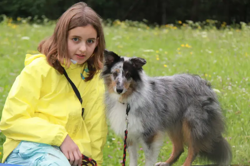 Ein Mädchen in einem gelben Regenmantel und ein Hund. – Jugend und Hund Lager 2014 in Chur