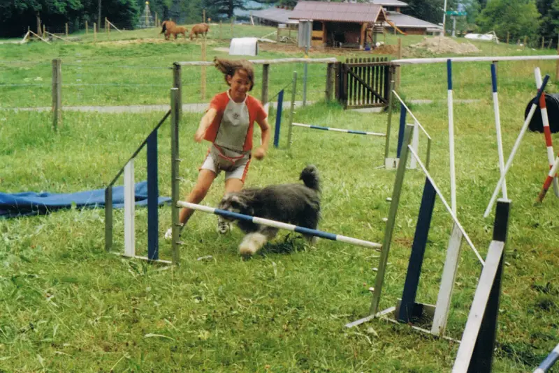 Ein junges Mädchen, das mit einem Hund auf einem Feld läuft, umgeben von einem Zaun mit Stangen und einem… Rasse: Bouvier des Flandres. – Jugend und Hund Lager 2001 in Eigenthal