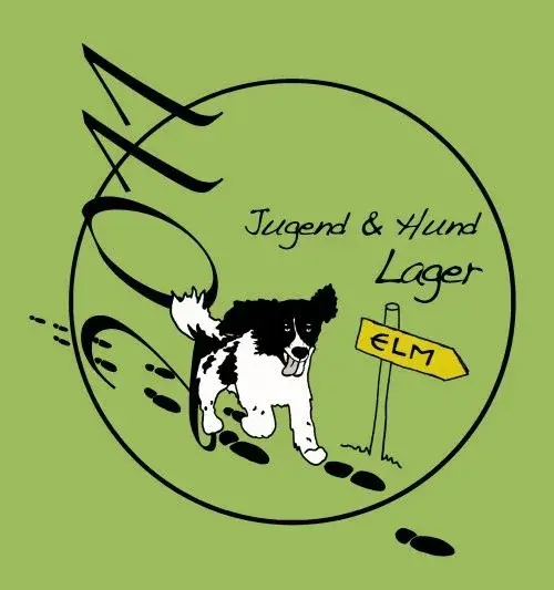 Ein Poster mit grünem Hintergrund mit einem Hund, einem Schild und dem darauf geschriebenen Text "Jugend & Hund Lager". – Jugend und Hund Lager 2011 in Elm