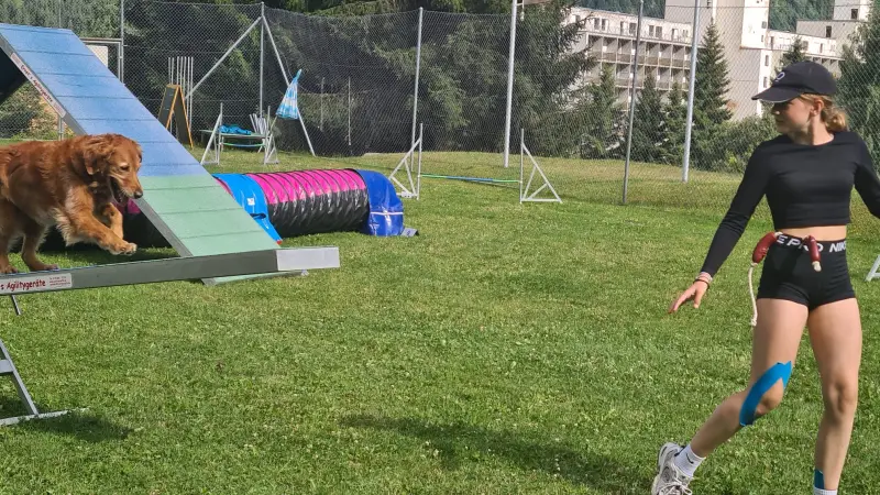 Eine Frau in einem schwarzen Hemd und Shorts, die mit einem Hund an der Leine laufen. Rasse: Golden Retriever. – Jugend und Hund Lager 2023 in Segnas