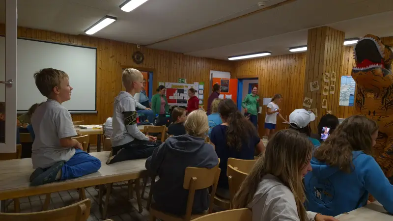 Eine Gruppe von Kindern, die an Schreibtischen vor einer Projektorleinwand sitzen. – Jugend und Hund Lager 2025 in Segnas