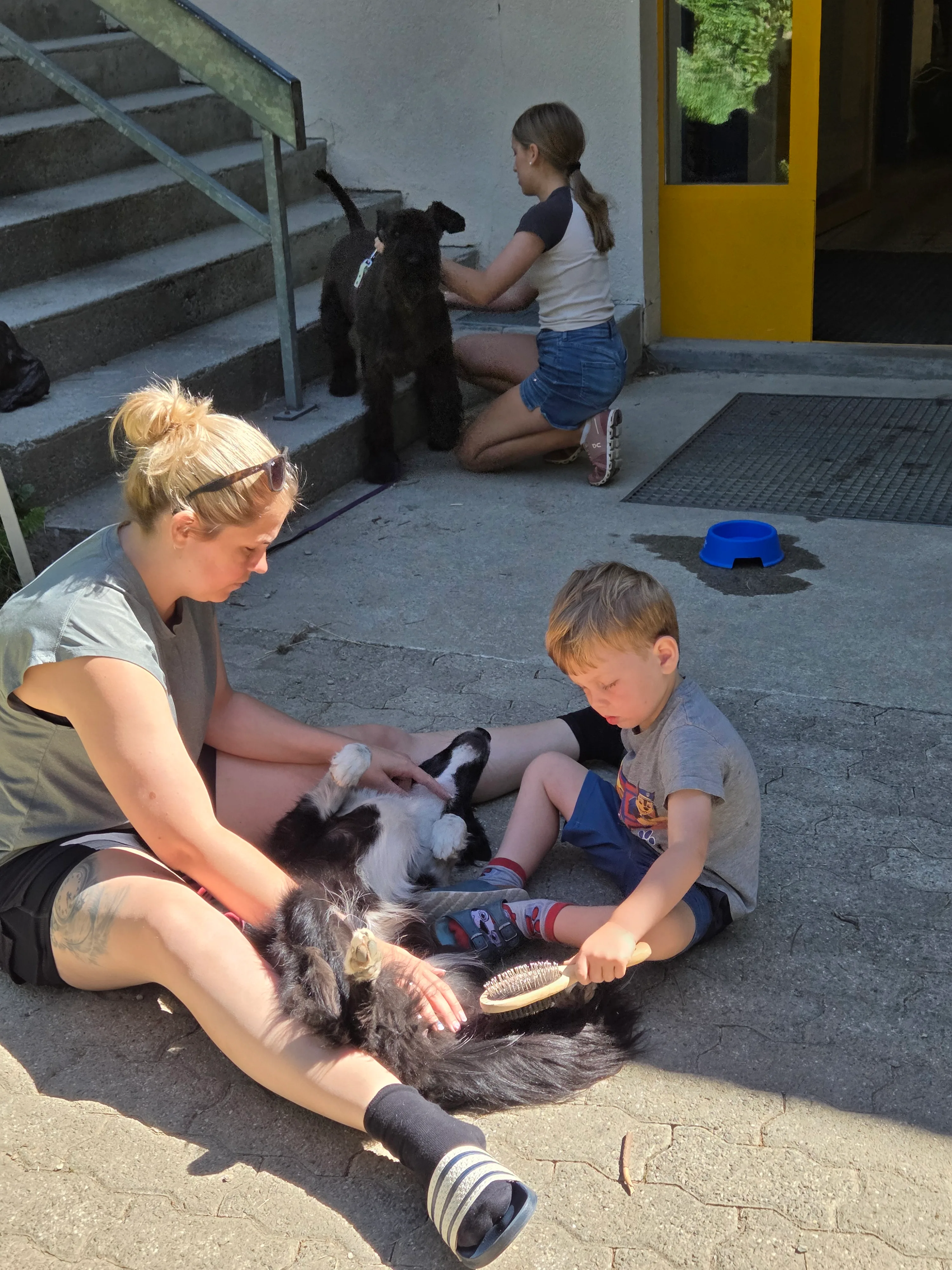 Das Bild zeigt eine Frau, die einen kleinen schwarz-weißen Hund in den Armen hält, während zwei Kinder in der Nähe stehen. Im Hintergrund befindet sich ein blaues Objekt und eine gelbe Wand, und links von der Frau ist ein Geländer. Aktivität: Chillen (chill).