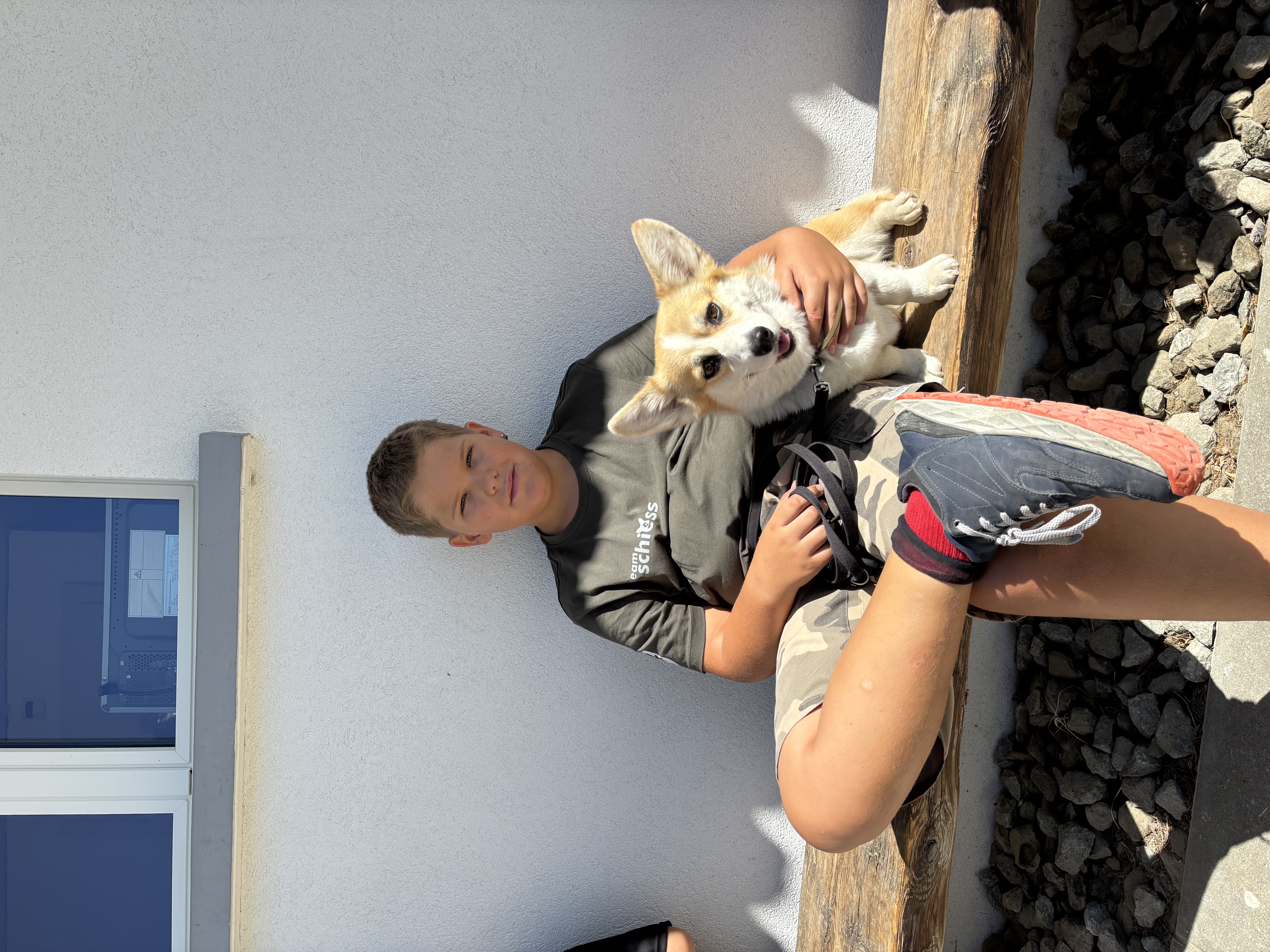 Das Bild zeigt einen jungen Jungen, der auf einer Holzbank sitzt, mit einem Hund in den Armen. Er trägt ein schwarzes T-Shirt und Shorts, und neben ihm befindet sich ein Paar Turnschuhe. Im Hintergrund sind Steine und eine Wand. Hunderassen: Hund. Aktivität: Wandern (hiking).