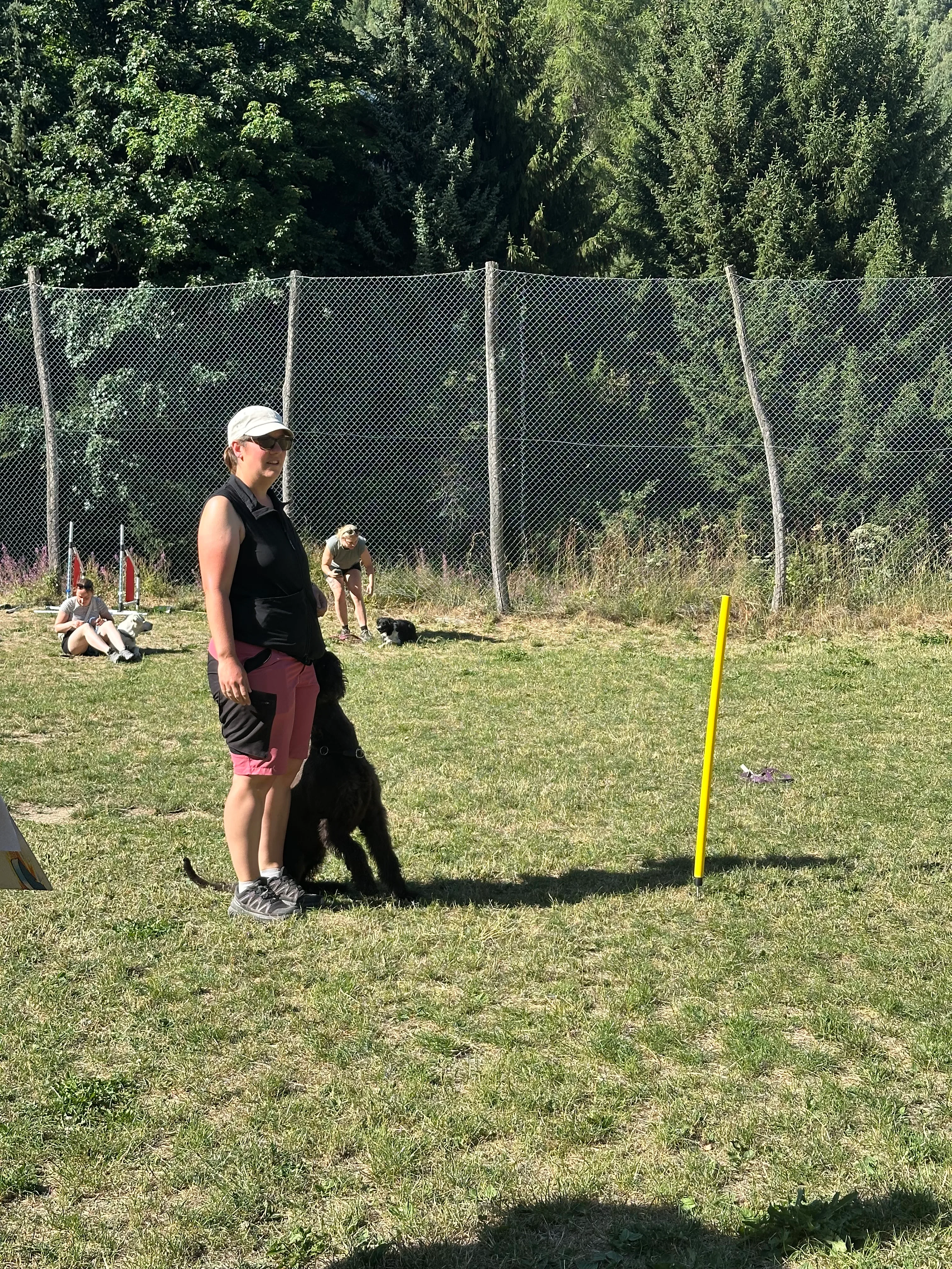Das Bild zeigt einen Mann, der auf einem üppigen grünen Feld neben einem Zaun steht und ein schwarzes T-Shirt, rosa Shorts und eine weiße Mütze trägt. Im Hintergrund stehen Bäume und ein gelber Pol, was darauf hindeutet, dass es sich um ein Cross-Country-Event im Frühling handelt. Hunderassen: Hund. Aktivität: Chillen (chill).