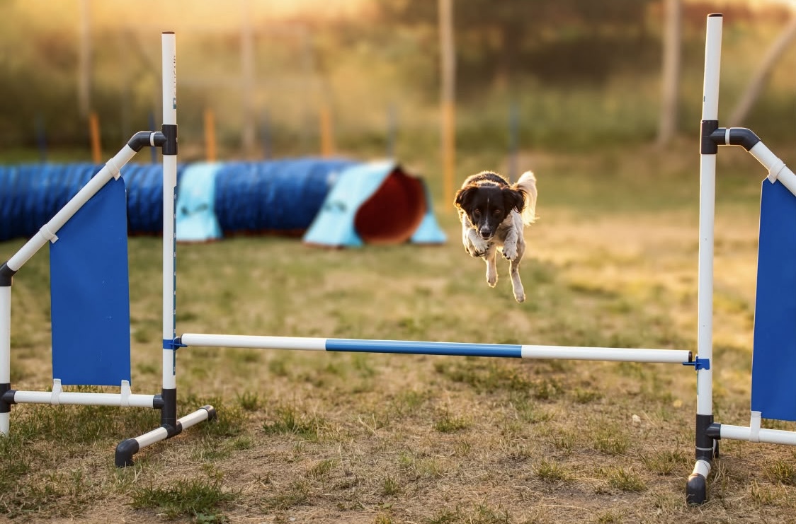 Das Bild zeigt einen Hund, der in einem Feld über ein Hindernis springt, mit Polen und einem blauen Objekt im Hintergrund. Der Boden ist mit Gras bedeckt und es gibt Bäume in der Ferne. Hunderassen: Border Collie. Aktivität: training.