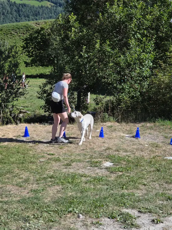 Eine Frau in einem weissen Hemd und schwarze Hosen, die auf einem grasbedeckten Feld stehen und einen weissen Hund in den Armen halten. – Jugend und Hund Lager 2026 in Segnas