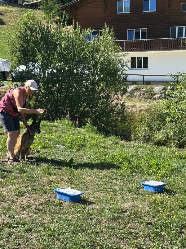 Eine Frau, die mit ihrem Hund im Gras steht und einen Hut trägt. – Jugend und Hund Lager 2026 in Segnas