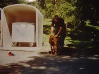 Ein Mann und ein Hund stehen vor einer Toilette. – Jugend und Hund Lager 2002 in Lenzerheide