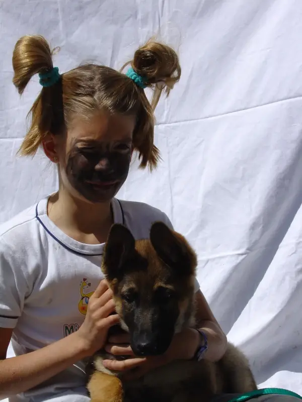 Ein Mädchen, das einen Hund in den Armen hält. – Jugend und Hund Lager 2003 in Lenzerheide