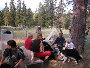 Eine Gruppe von Menschen, die auf einer Bank sitzen. – Jugend und Hund Lager 2003 in Lenzerheide