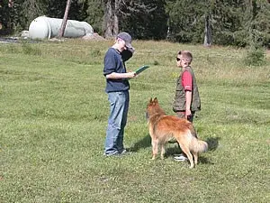 Ein Mann und ein Hund auf einem Feld. – Jugend und Hund Lager 2003 in Lenzerheide