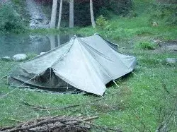 Ein Zelt wird im Wald aufgeschlagen. – Jugend und Hund Lager 2004 in Lenzerheide