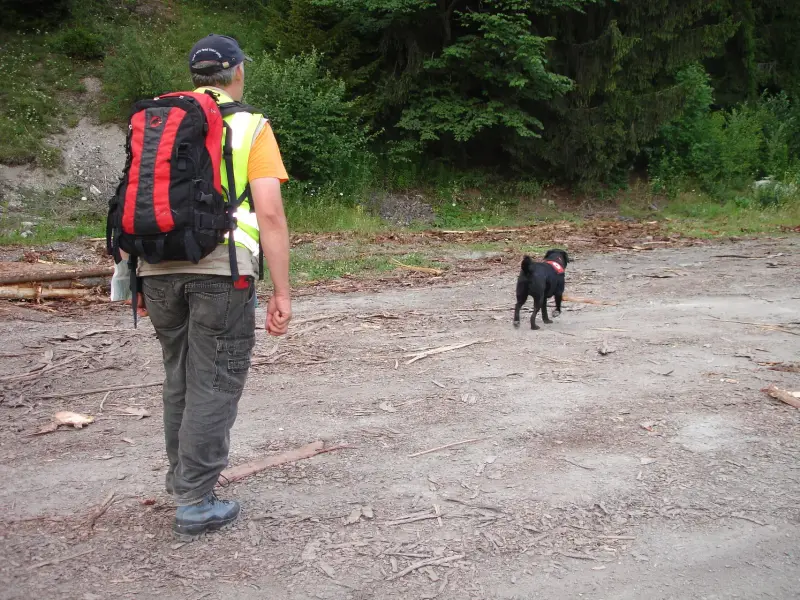 Das Bild zeigt einen Mann, der eine Mütze trägt und einen Rucksack, der einen schwarzen Hund auf einer unbefestigten Strasse entlangläuft… – Jugend und Hund Lager 2009 in Ruen