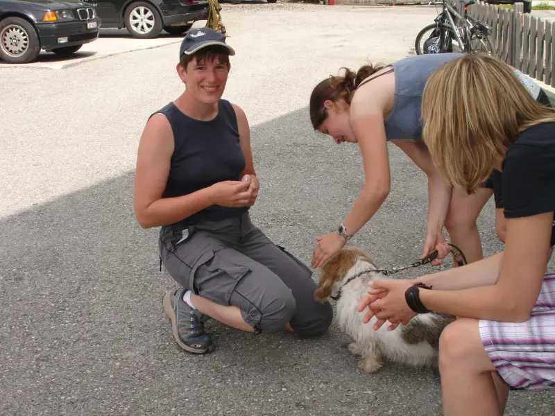 Das Bild zeigt einen Mann und zwei Frauen, die einen kleinen Hund an der Leine streicheln. Rasse: Shih Tzu. – Jugend und Hund Lager 2009 in Ruen