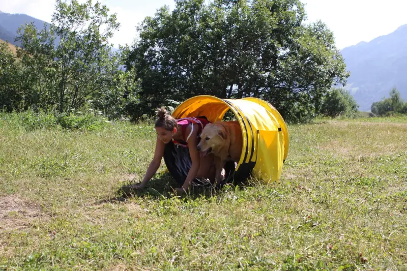 Eine Frau kniend unten auf einem Feld mit einem Hund. – Jugend und Hund Lager 2015 in Segnas