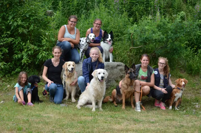 Eine Gruppe von Menschen, die auf einem Hügel mit Hunden sitzen. – Jugend und Hund Lager 2015 in Segnas
