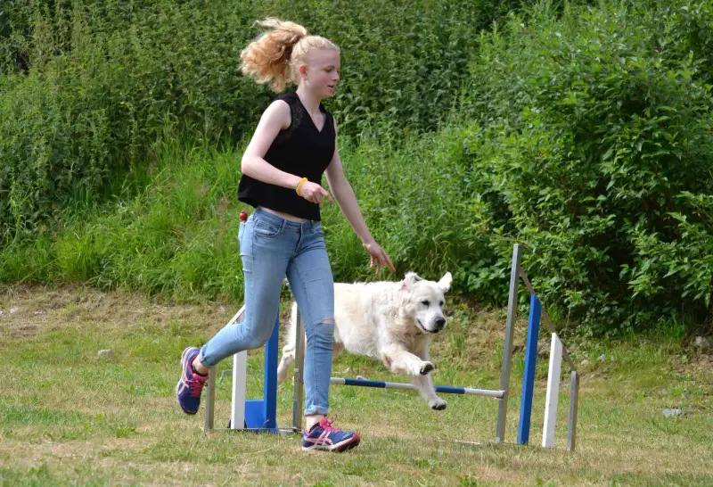 Eine Frau, die mit einem Hund über ein Hindernis springt, umgeben von üppig grünem Gras und Pflanzen im Hintergrund. – Jugend und Hund Lager 2015 in Segnas