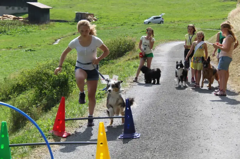 Eine Gruppe von Menschen, die mit einem Hund eine Strasse hinuntergehen. – Jugend und Hund Lager 2015 in Segnas