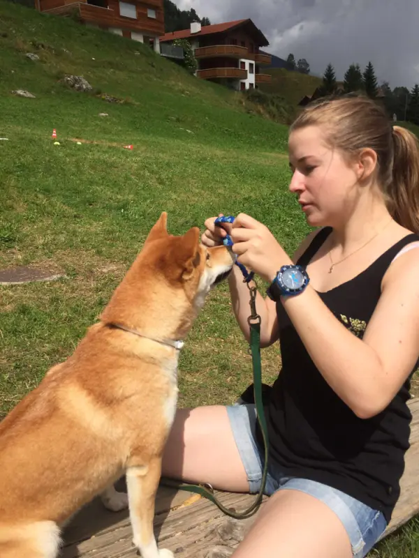 Eine Frau, die auf einer Bank mit einem Hund sitzt. – Jugend und Hund Lager 2016 in Segnas