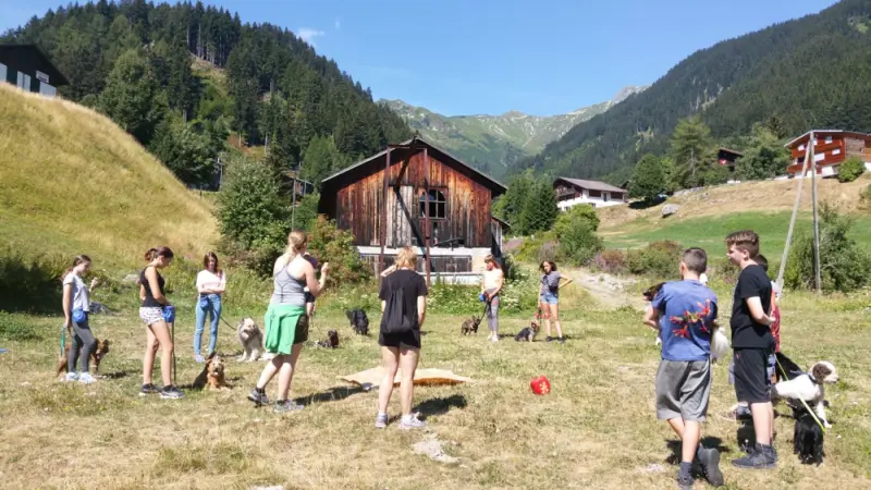 Eine Gruppe von Menschen, die auf einem Feld stehen. – Jugend und Hund Lager 2018 in Segnas