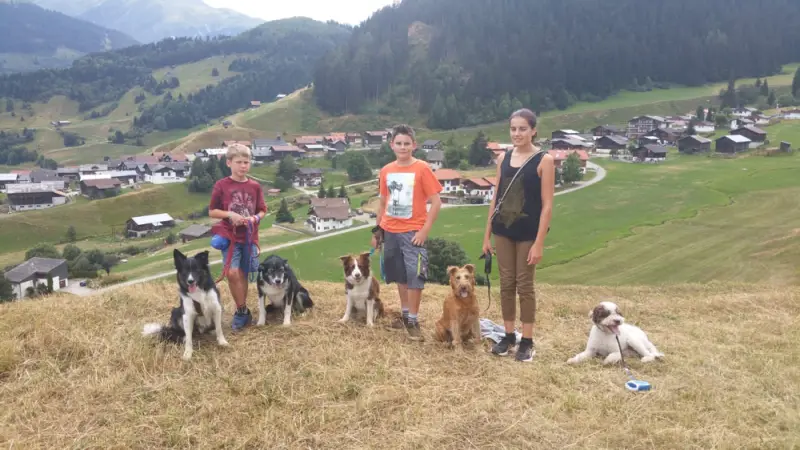 Eine Gruppe von Menschen, die mit ihren Hunden auf einem Hügel stehen. – Jugend und Hund Lager 2018 in Segnas