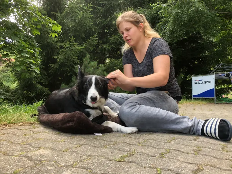 Eine Frau, die mit einem Hund auf dem Boden sitzt. – Jugend und Hund Lager 2018 in Segnas