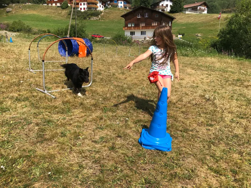 Ein kleines Mädchen spielt mit einem Hund in einem Feld. – Jugend und Hund Lager 2019 in Segnas