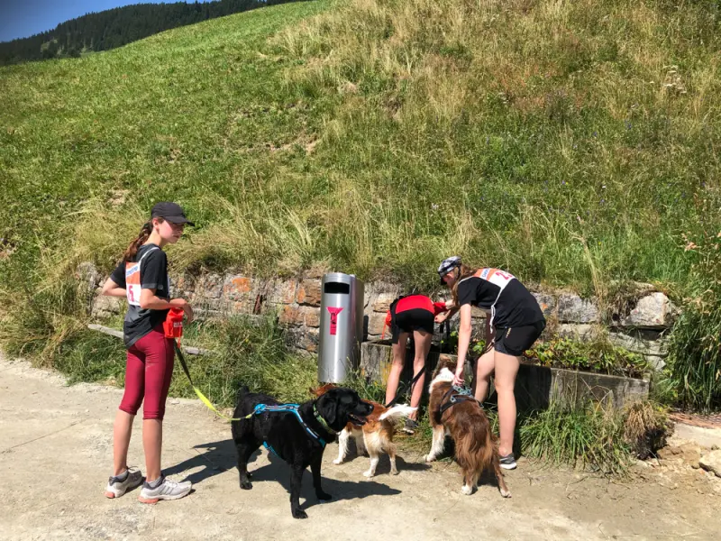 Zwei Frauen und ein Hund stehen auf einem Pfad. – Jugend und Hund Lager 2019 in Segnas