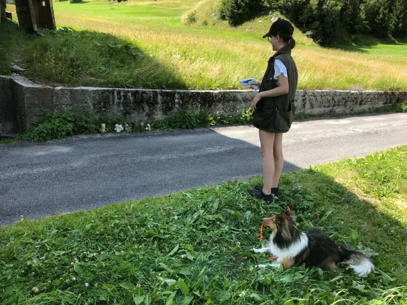 Eine Frau, die mit einem Hund auf einer Strasse steht. – Jugend und Hund Lager 2019 in Segnas