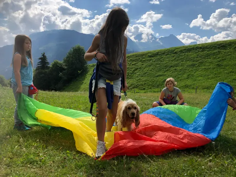 Eine Gruppe von Menschen, die mit einem Hund spielen. – Jugend und Hund Lager 2020 in Segnas