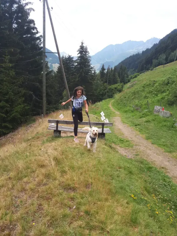 Eine Frau, die auf einer Bank mit einem Hund sitzt. – Jugend und Hund Lager 2020 in Segnas