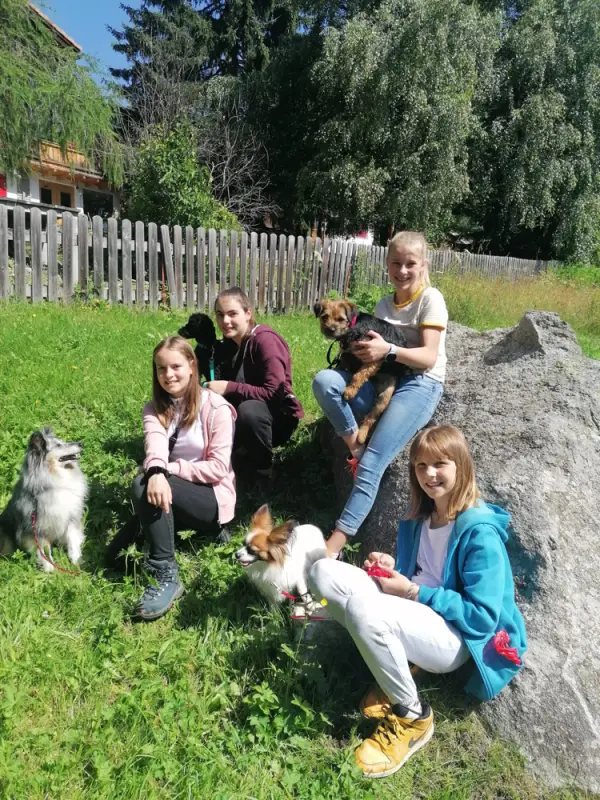 Eine Gruppe von Menschen, die mit ihren Hunden auf dem Gras sitzen. – Jugend und Hund Lager 2021 in Segnas