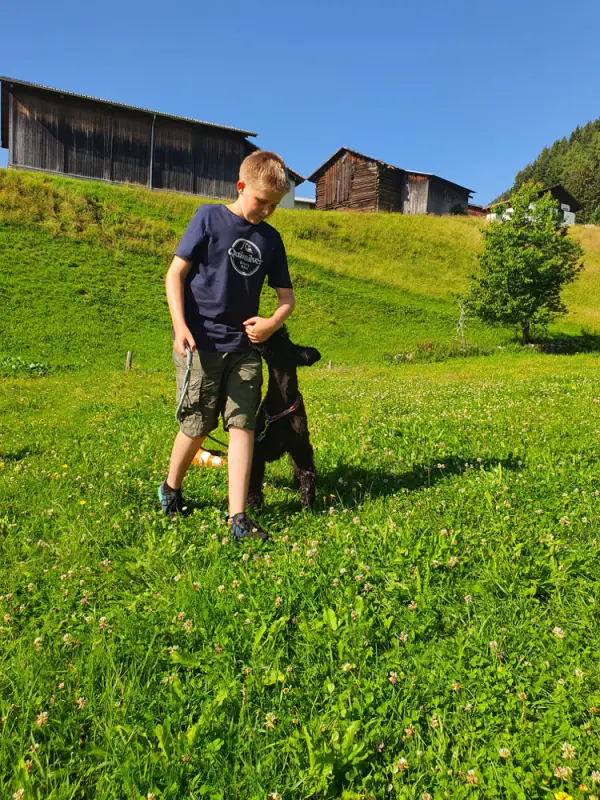 Ein junger Junge, der auf einem Grasfeld steht. – Jugend und Hund Lager 2021 in Segnas