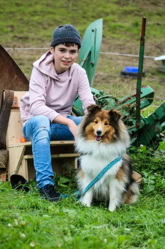 Ein junger Junge sitzt auf einer Bank mit einem Hund. – Jugend und Hund Lager 2021 in Segnas