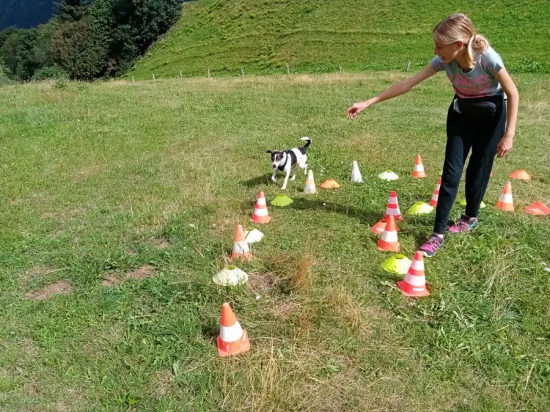 Ein junges Mädchen spielt mit Kegeln auf einem Hügel. – Jugend und Hund Lager 2023 in Segnas