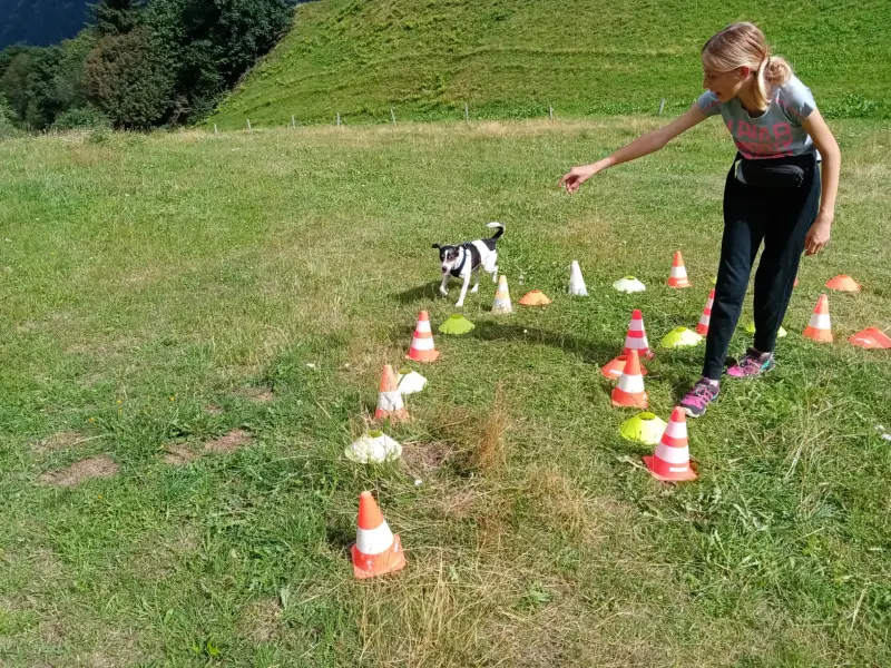Ein junges Mädchen spielt mit Kegeln auf einem Hügel. – Jugend und Hund Lager 2024 in Segnas