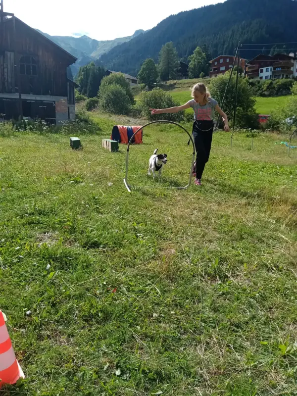 Eine Frau steht auf einem Feld mit einem Hund. – Jugend und Hund Lager 2024 in Segnas