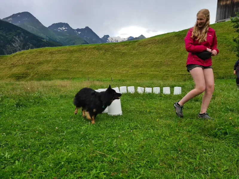 Eine Frau in einer roten Jacke und schwarze Shorts spielt mit einem Hund. – Jugend und Hund Lager 2024 in Segnas
