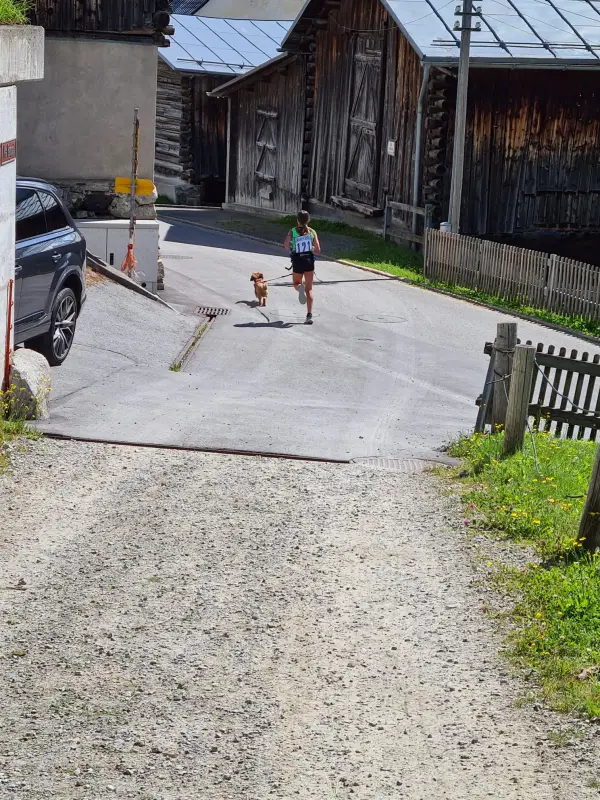 Ein Mann läuft eine unbefestigte Strasse hinunter. – Jugend und Hund Lager 2024 in Segnas