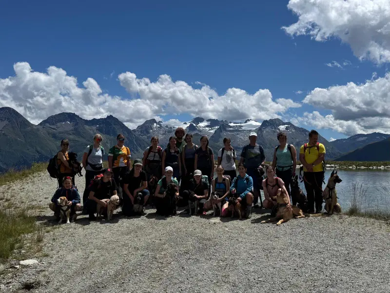 Eine Gruppe von Menschen und ihre Hunde posieren für ein Foto auf einem Bergpfad im Torres del Paine Nationalpark. – Jugend und Hund Lager 2025 in Segnas