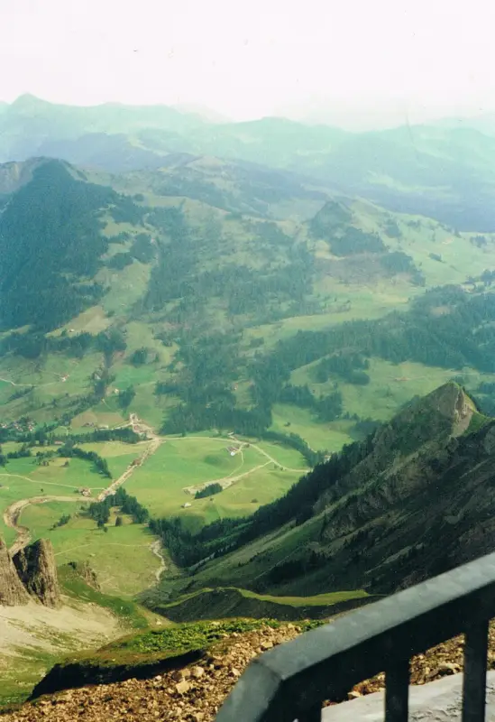 Das Bild zeigt einen Blick von der Spitze eines Berges, mit einem Geländer im Vordergrund und Hügeln, Bäumen, Gras und Himmel im… – Jugend und Hund Lager 2000 in Sörenberg