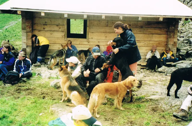 Eine Gruppe von Menschen, die auf dem Boden vor einem Holzhaus mit einem Fenster sitzen, umgeben von Gras und Steinen. – Jugend und Hund Lager 2000 in Sörenberg