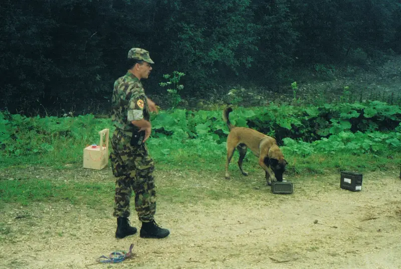 Das Bild zeigt einen Mann in Tarnung, der neben einem Hund auf einem Feldweg steht. – Jugend und Hund Lager 2000 in Sörenberg