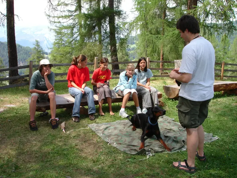 Eine Gruppe von Menschen, die auf einer Decke auf einem Feld sitzen. – Jugend und Hund Lager 2006 in Trans