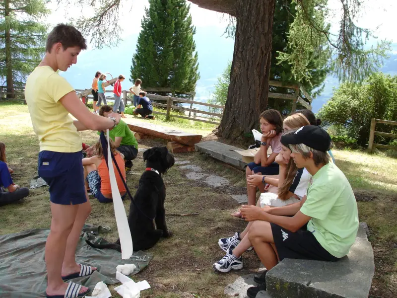 Eine Gruppe von Menschen, die mit einem Hund auf einem Felsen sitzen. – Jugend und Hund Lager 2006 in Trans