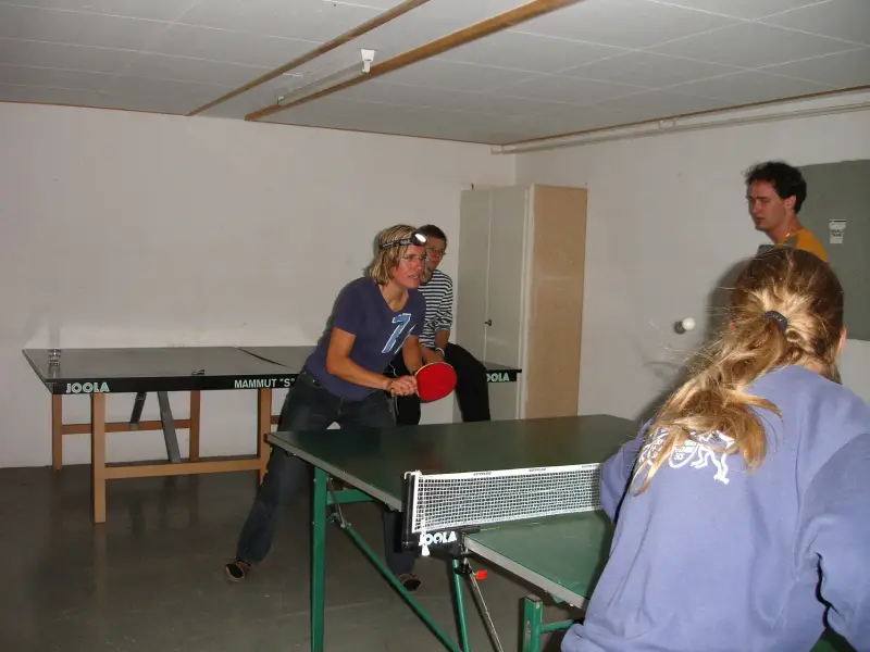 Eine Gruppe von Leuten, die Ping - Pong spielen. – Jugend und Hund Lager 2006 in Trans